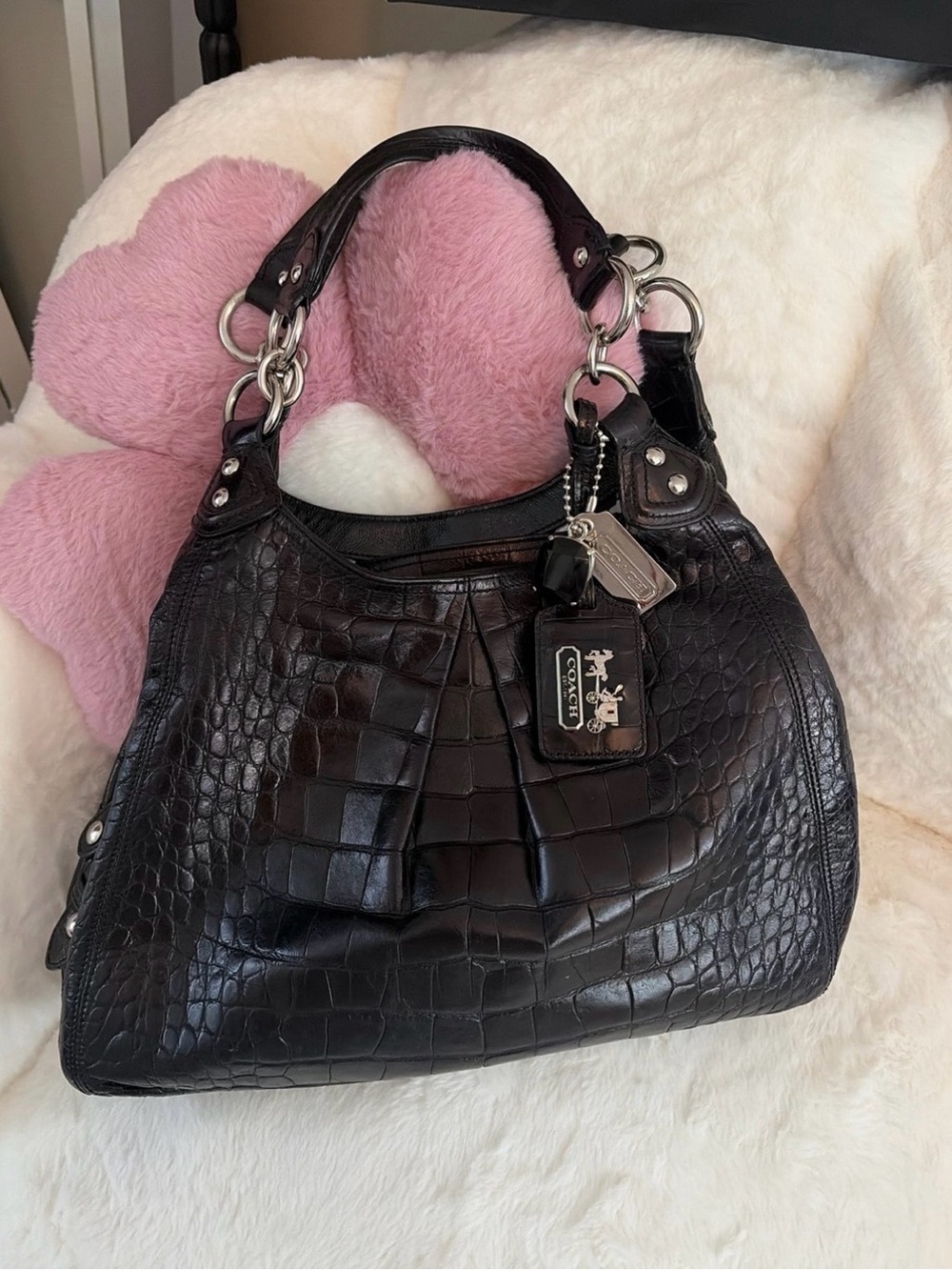 Coach Black Croc-Embossed Shoulder Hobo